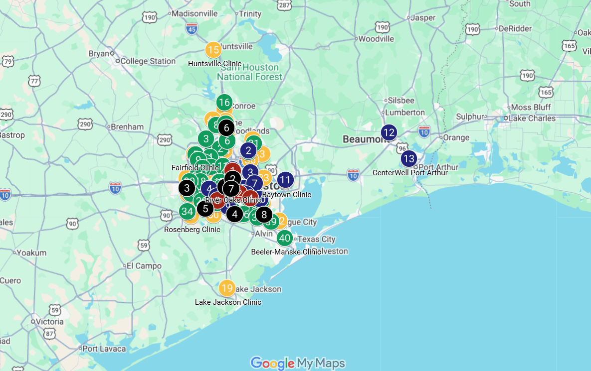 Map showing various labeled locations around Houston, Texas.