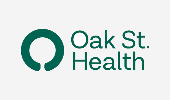 Oak Street Health logo with green text and a circular symbol.